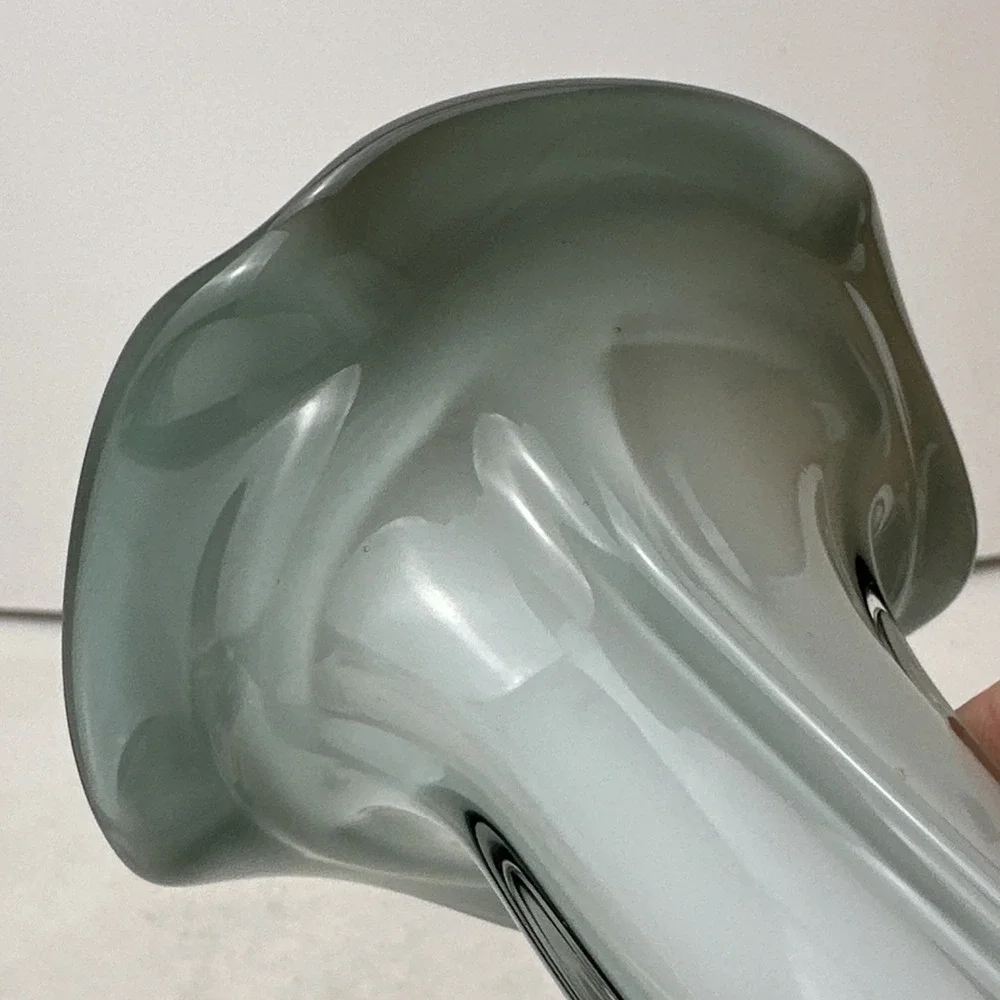 Flared White Cased Glass Vase Gray Accents Tall Twist Art Glass 8